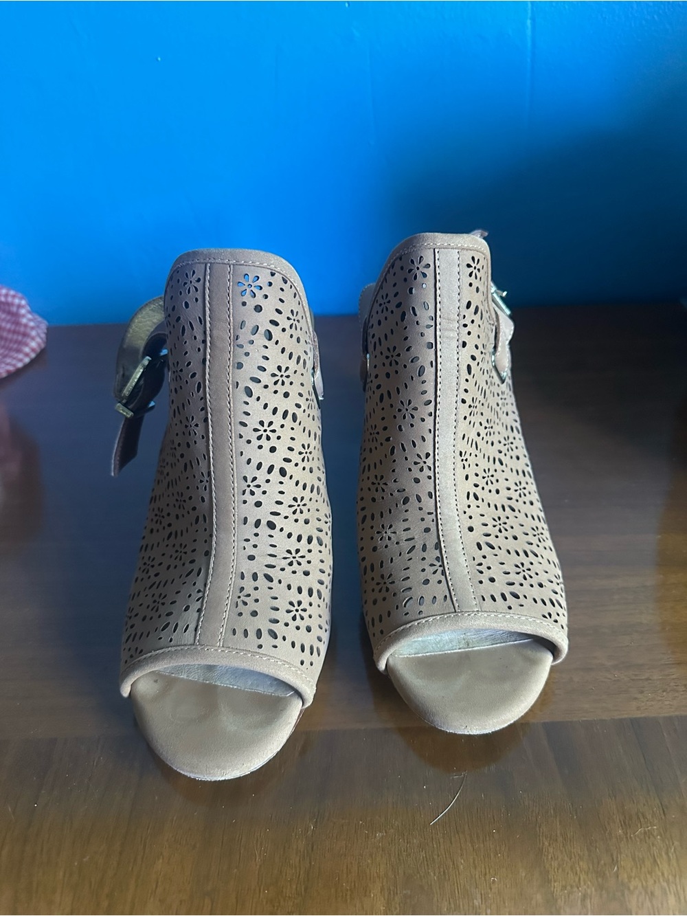 ANTONIO MELANI Taupe Laser-Cut Peep Toe Mules